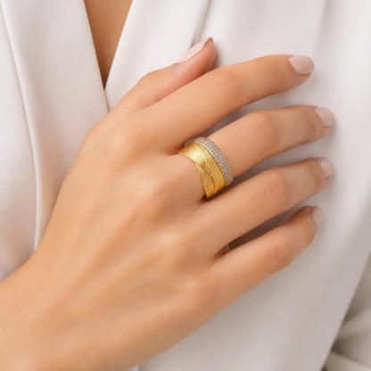 Royal Braided Pave Crossed Lines Open 18K Gold Ring