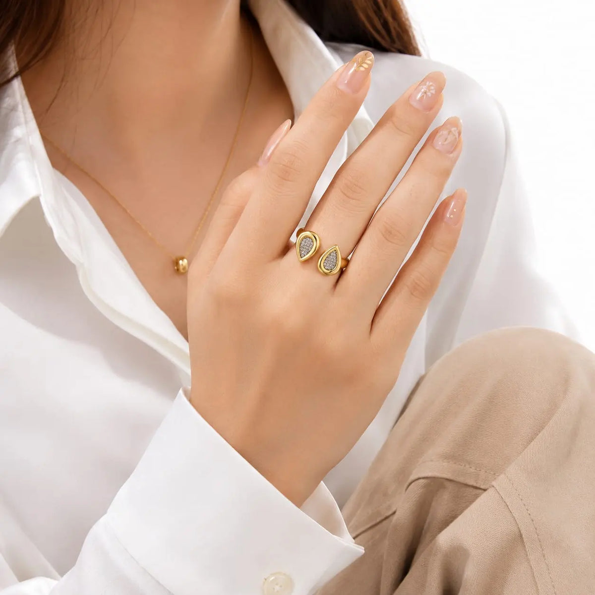 Royal Dual Pear Pave 18K Gold Open Ring