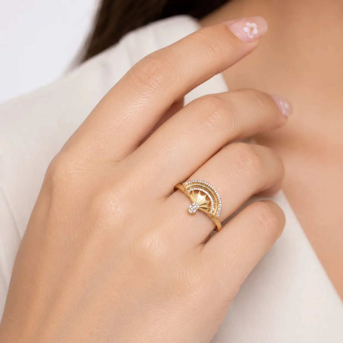 Royal Art Deco Fan Halo Pave 18K Gold Open Ring