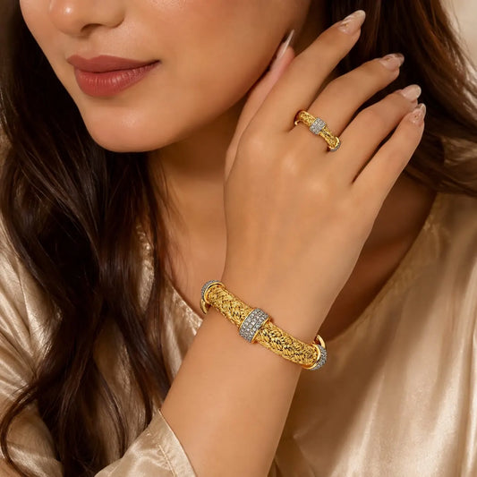Royal Braided Rope Pave 18K Gold Open Cuff and Adjustable Ring Set