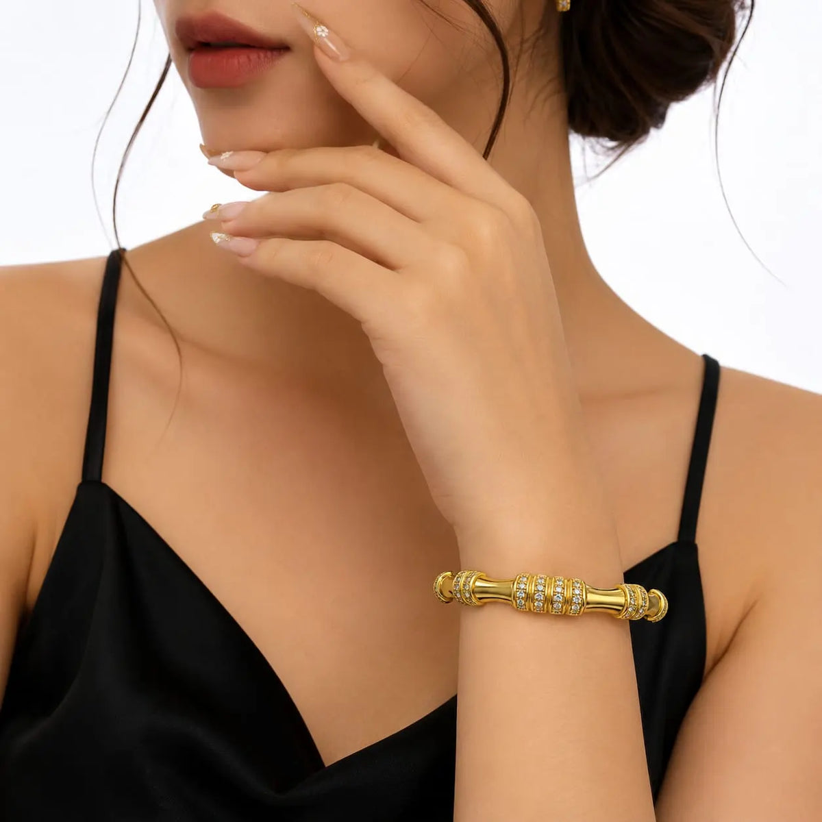 Royal Bamboo Multi Row Pave 18K Gold Adjustable Open Cuff Bangle