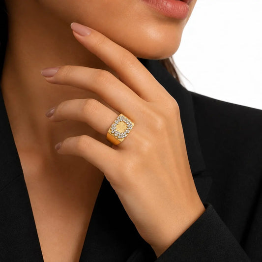Royal Square Halo Floral Pave Brushed 18K Gold Open Ring