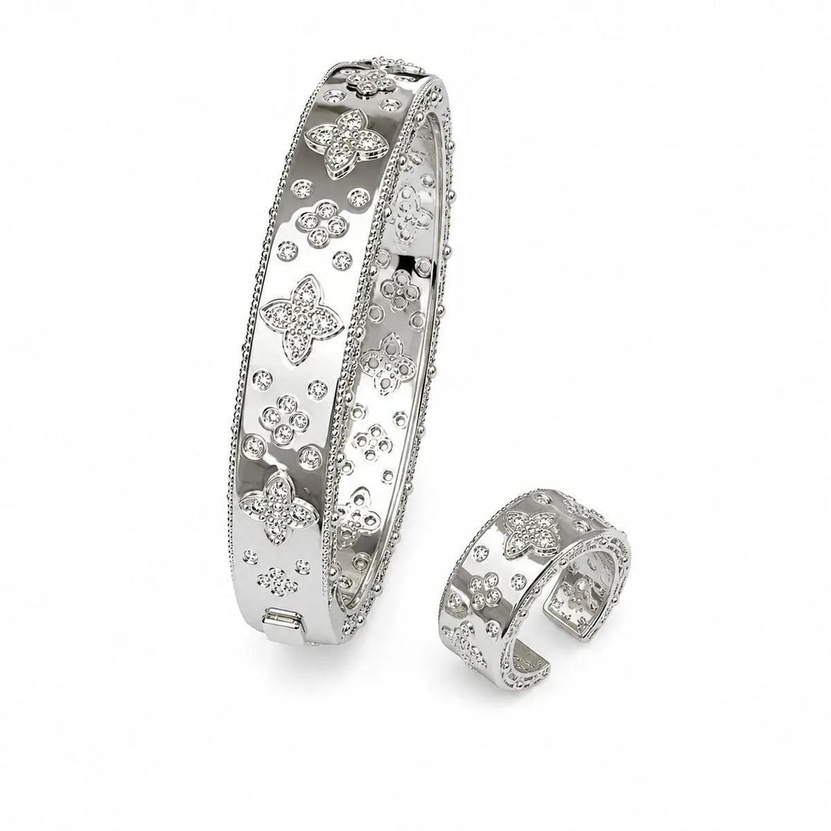 Royal Floral Pave Rhodium Silver Bangle & Ring Set