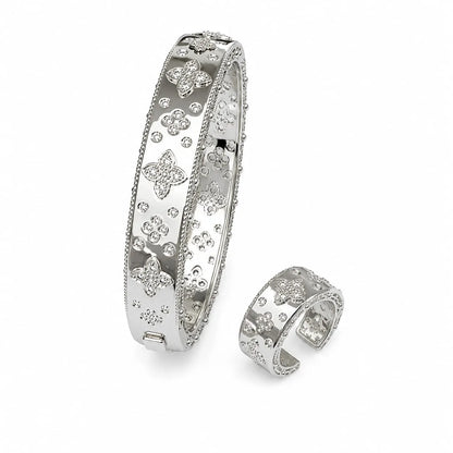 Royal Floral Pave Rhodium Silver Bangle & Ring Set