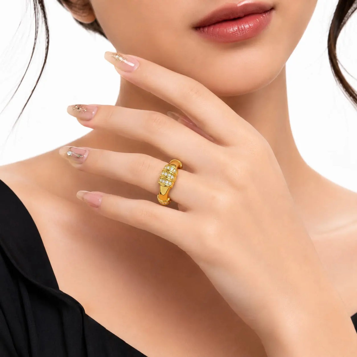 Royal Bamboo 3 Row Pave 18K Gold Adjustable Statement Ring