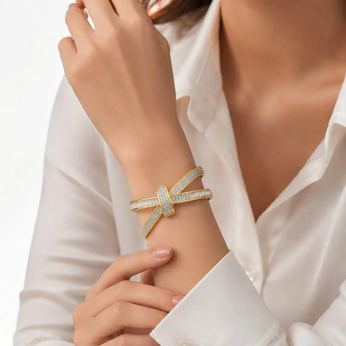 Royal Infinity Cross Baguette Pave 18K Gold Cuff Bracelet