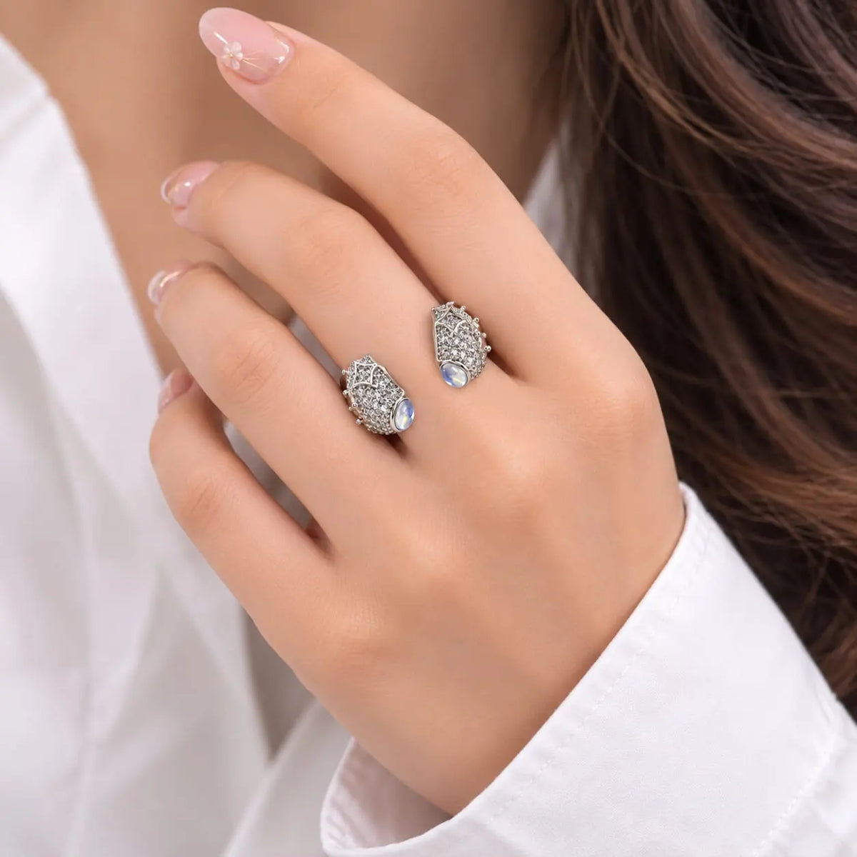 Royal Celestial Moonstone Star Pave Open Ring