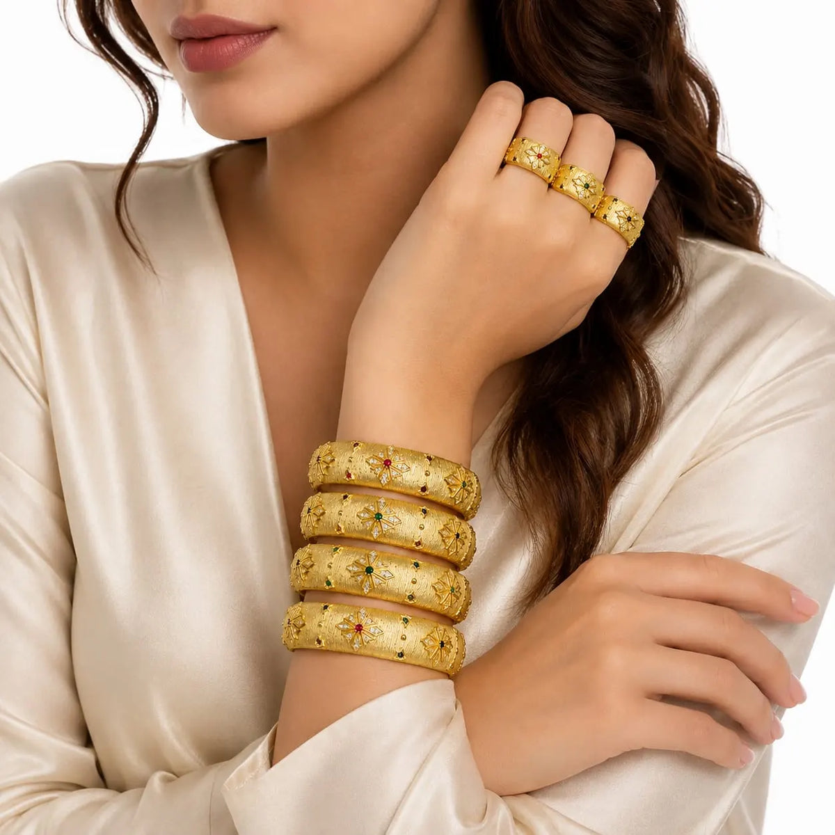 Royal Starburst Textured Gold Bangle & Ring Set