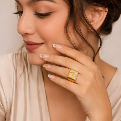 Royal Square Halo Floral Pave Brushed 18K Gold Open Ring