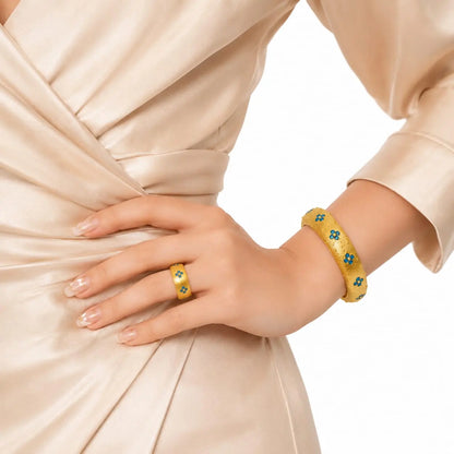 Royal Floral Enamel Textured 18K Gold Hinge Bangle and Adjustable Ring Set