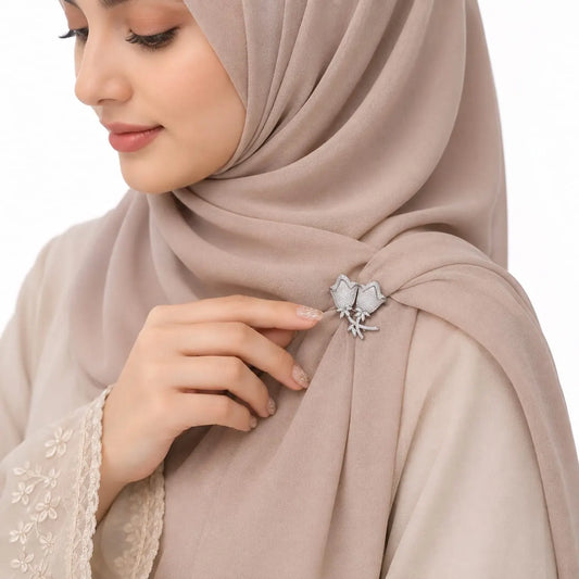 Royal Double Rose Full Pave 18K White Gold Brooch
