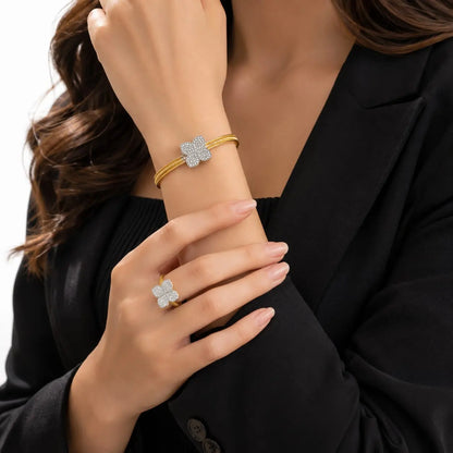Clover Bloom Pave Gold Bangle & Ring Set