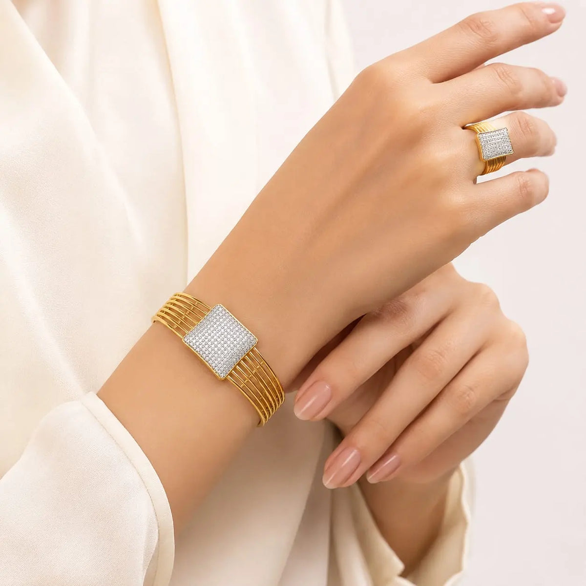 Wire Cage Pave Gold Bangle & Ring Set