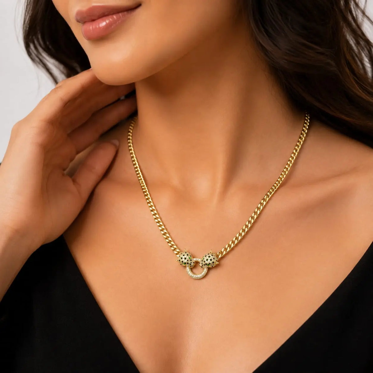 Royal Double Panther Cuban Link 18K Gold Necklace