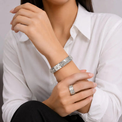 Royal Floral Pave Rhodium Silver Bangle & Ring Set