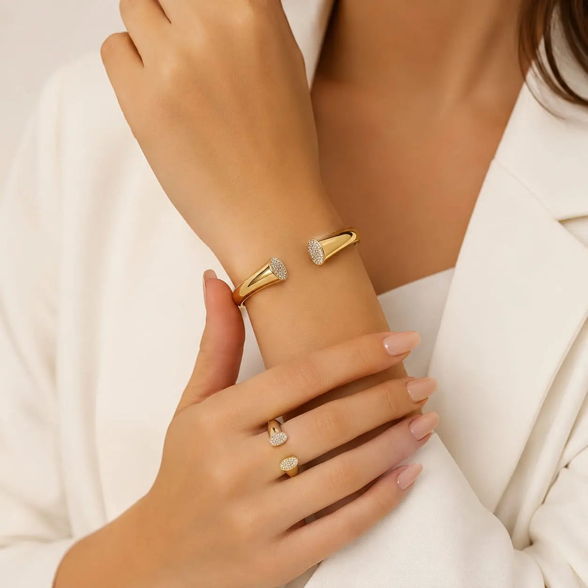Modern Curve Pave Gold Bangle & Ring Set