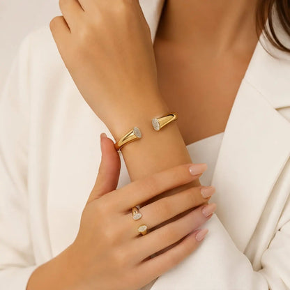 Modern Curve Pave Gold Bangle & Ring Set