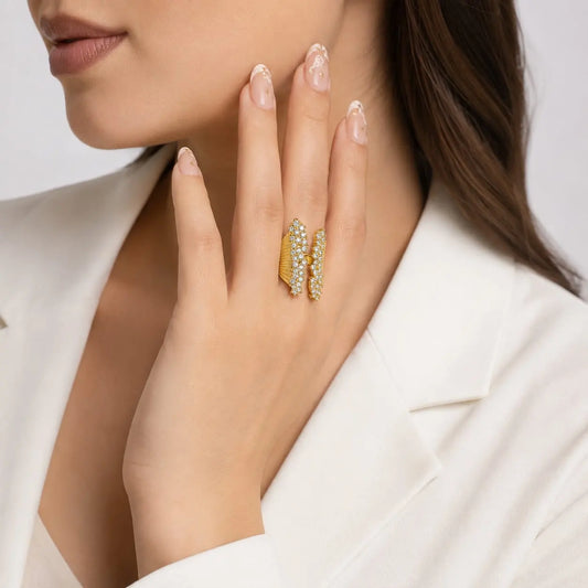 Royal Angel Wing Full Pave 18K Gold Adjustable Statement Ring