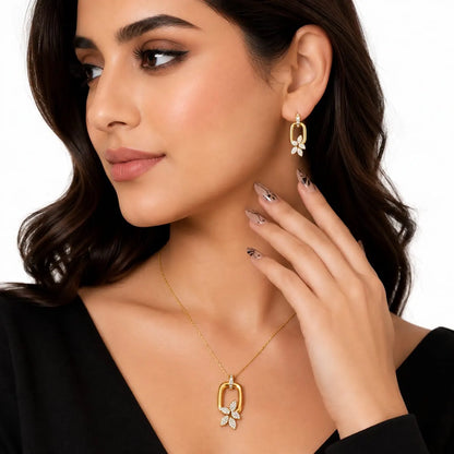 Royal Floral Oval Pave 18K Gold Necklace & Earrings Set