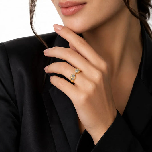 Royal Geometric Pave Cube Open 18K Gold Ring