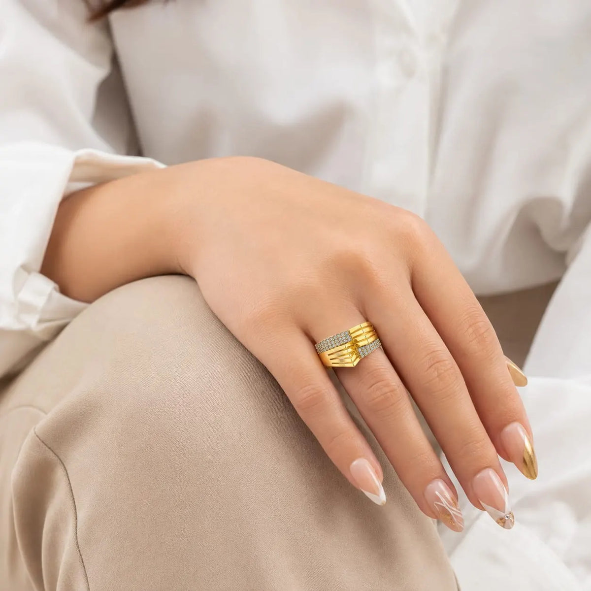 Royal Chevron Pave 18K Gold Ring