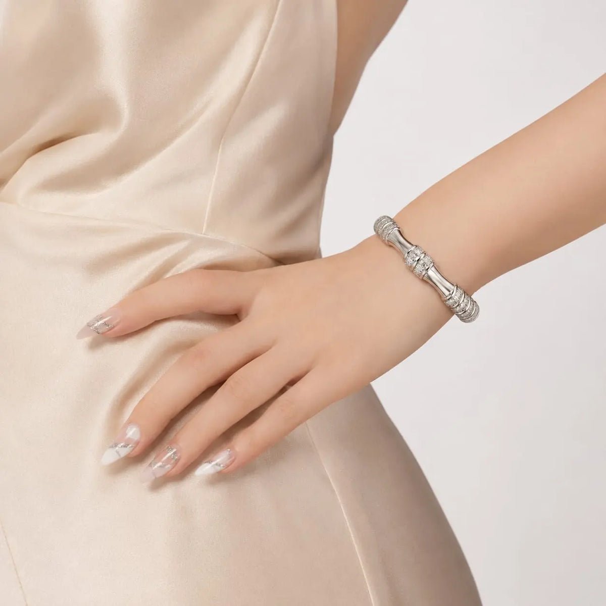 Royal Bamboo Full Pave 18K White Gold Adjustable Open Cuff