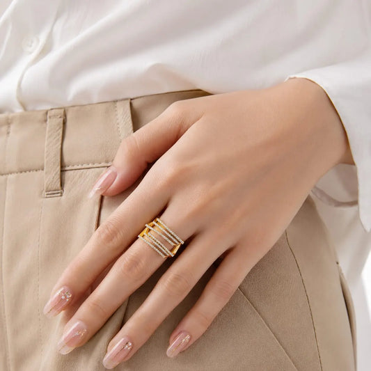 Royal Geometric Layered Pave 18K Gold Ring