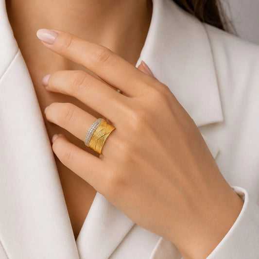 Royal Braided Pave Crossed Lines Open 18K Gold Ring