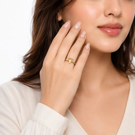 Royal Art Deco Fan Halo Pave 18K Gold Open Ring