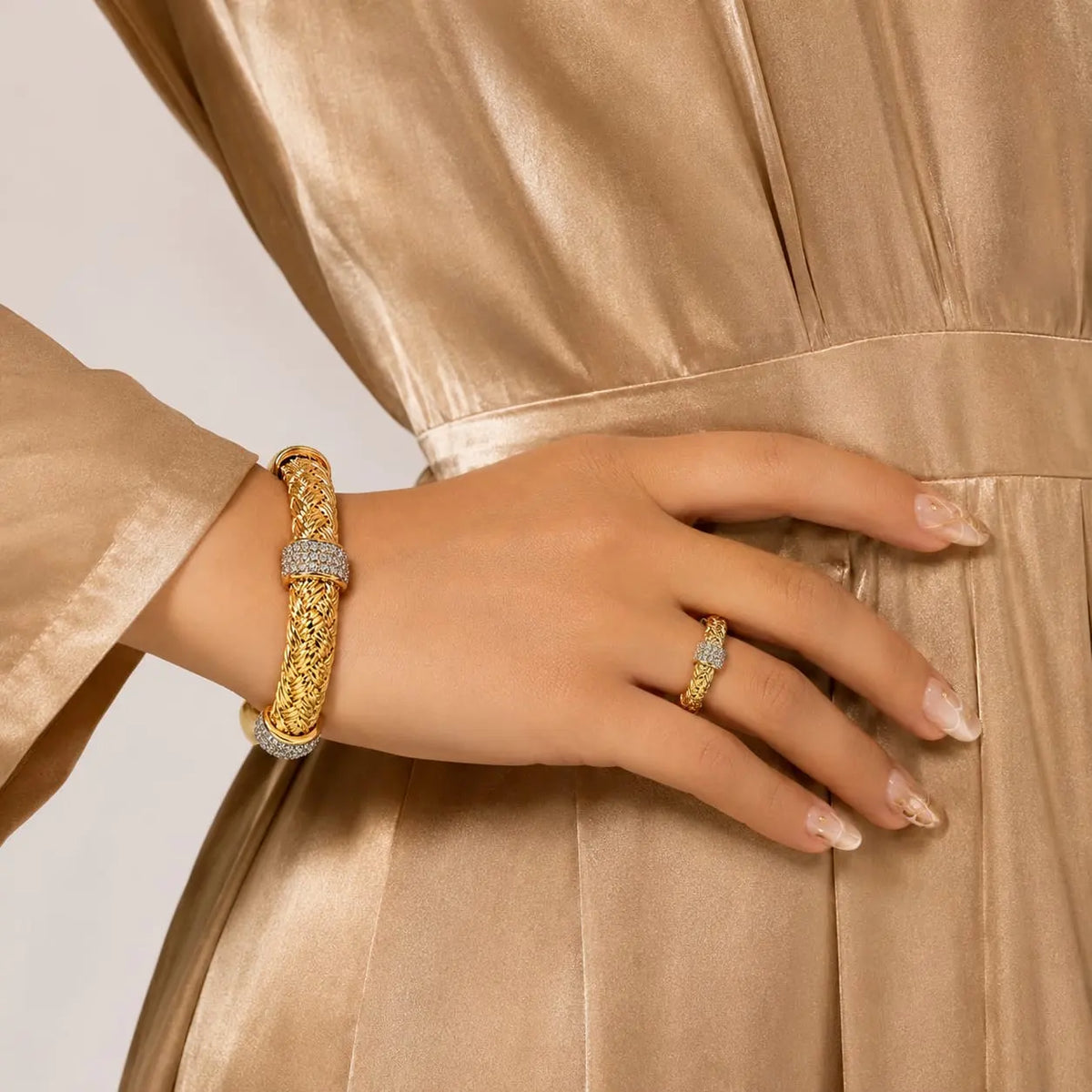Royal Braided Rope Pave 18K Gold Open Cuff and Adjustable Ring Set