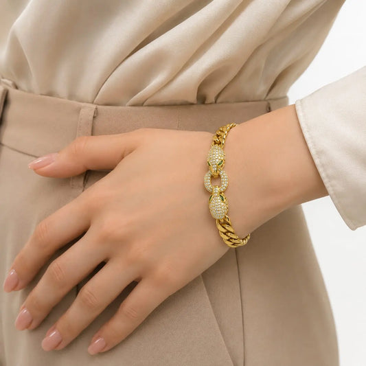 Royal Panther Double Head Cuban Link 18K Gold Bracelet