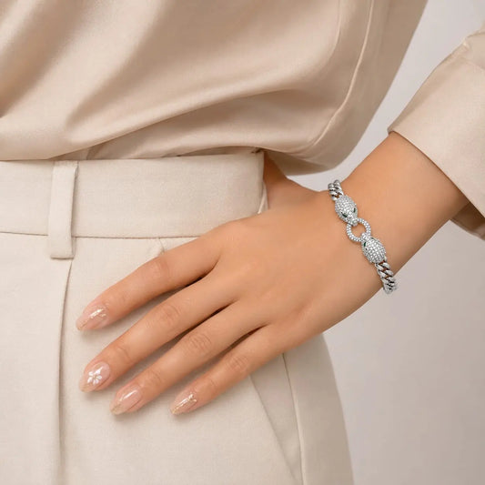 Royal Panther Double Head Cuban Link Rhodium Silver Bracelet
