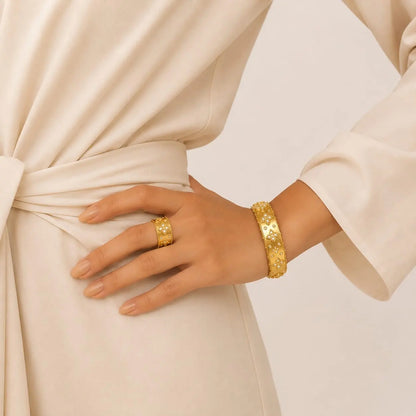 Royal Arabic Floral Gold Bangle & Ring Set