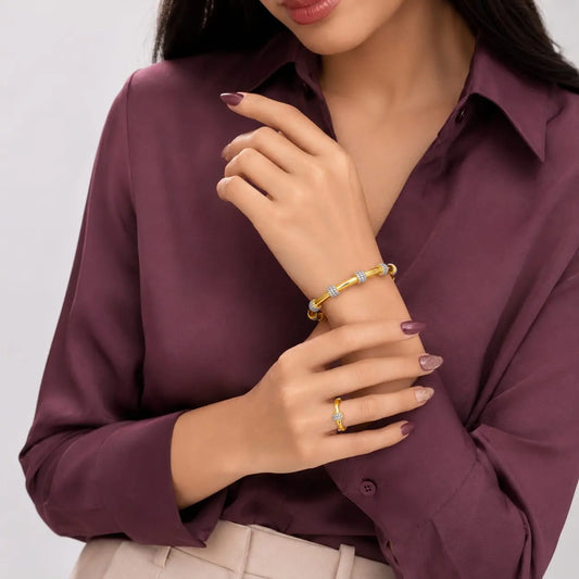 Royal Bamboo Ball Pave 18K Gold Bangle