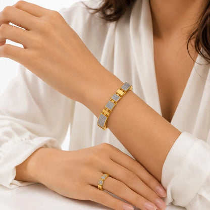 Modern Geometric Pave Gold Cuff Bangle & Ring Set