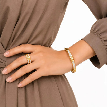 Classic Ribbed Pave Gold Bangle & Ring Set
