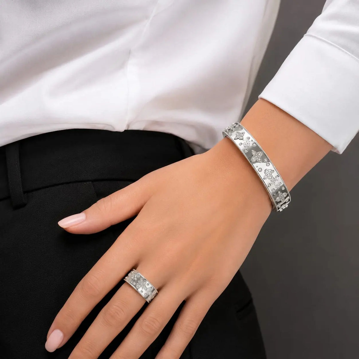Royal Floral Pave Rhodium Silver Bangle & Ring Set
