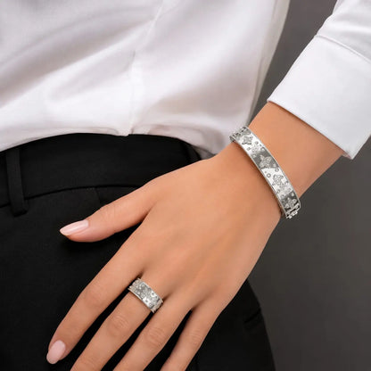 Royal Floral Pave Rhodium Silver Bangle & Ring Set