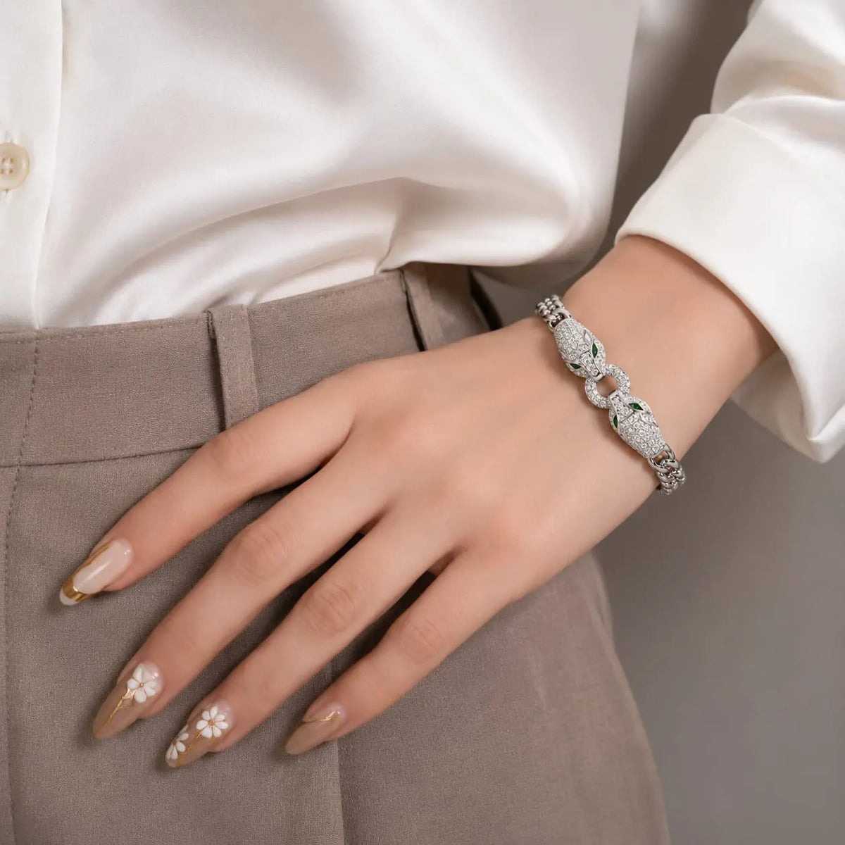 Royal Panther Pave Rhodium Silver Chain Bracelet