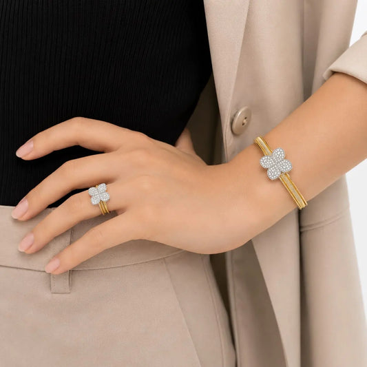 Clover Bloom Pave Gold Bangle & Ring Set