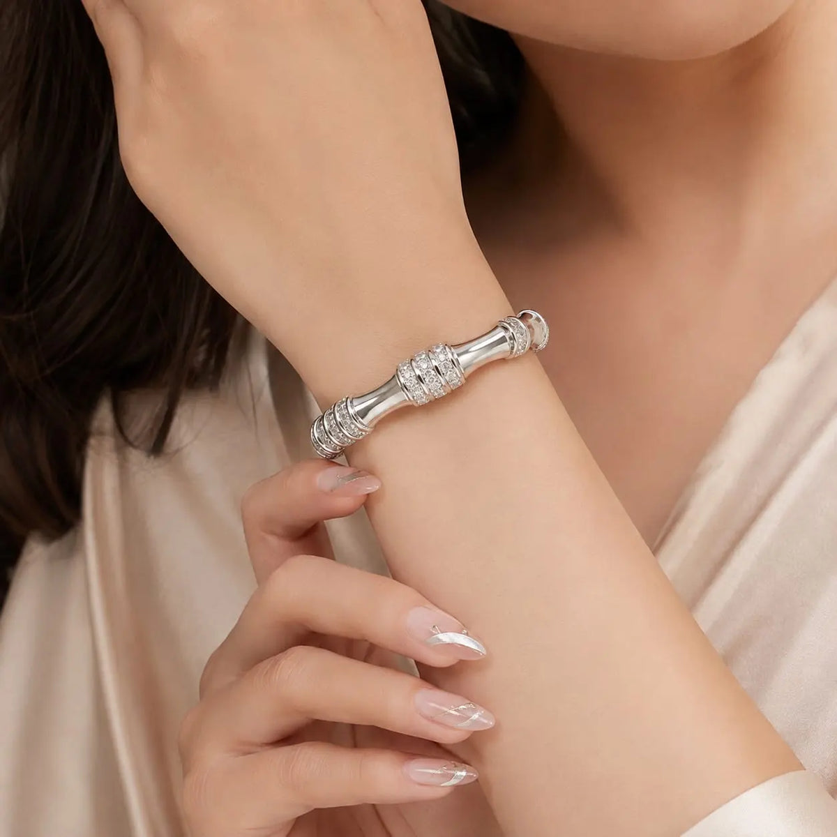 Royal Bamboo Full Pave 18K White Gold Adjustable Open Cuff