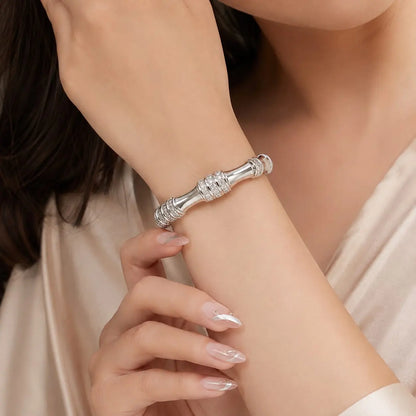 Royal Bamboo Full Pave 18K White Gold Adjustable Open Cuff