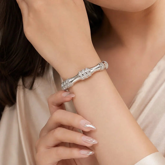 Royal Bamboo Full Pave 18K White Gold Adjustable Open Cuff